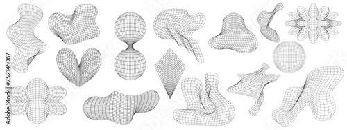 Grid y2k set abstract geometry shape. 3d graphic design y2k retro style. Mesh grid line shape. Vector illustration