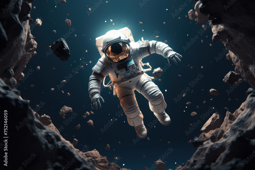 An astronaut adrift among asteroids, evoking solitude and exploration, AI Generative. An astronaut adrift among asteroids, evoking solitude and exploration, AI Generative.