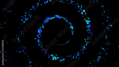 Animation of glowing blue particles flowing into a spiral and shining brightly. Abstract digital space spiral