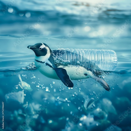 An imaginative depiction of a penguin paddling a water bottle through a trashfilled sea illustrating the environmental and societal falloutar 52