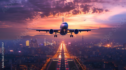 Airplane descending in vibrant sunset over cityscape AI Generative.