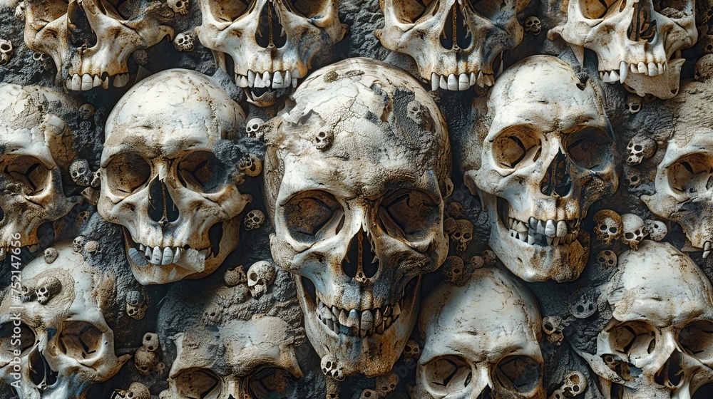 Skull background filled with rows upon rows of bleached bones, evoking a haunting and macabre atmosphere.