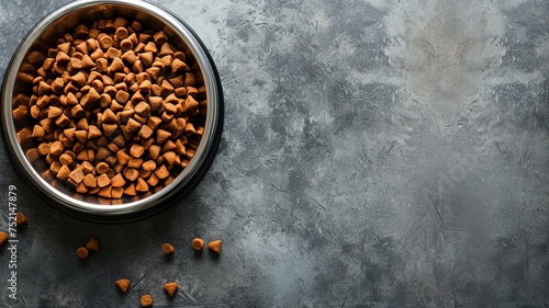 Pet food in a metal bowl on a floor and space for text, AI Generative