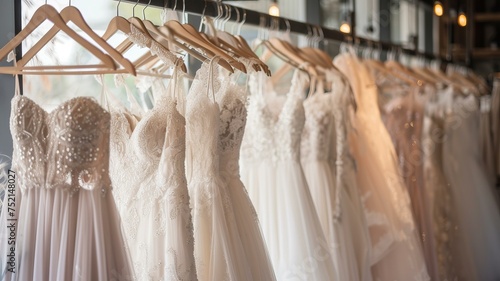row of wedding dresses in various styles and designs hanging on a rack in a bridal shop., AI Generative