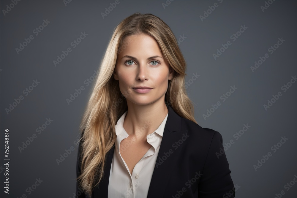 Portrait of a young businesswoman in black suit, isolated on grey background Portrait of a young businesswoman in black suit, isolated on grey background