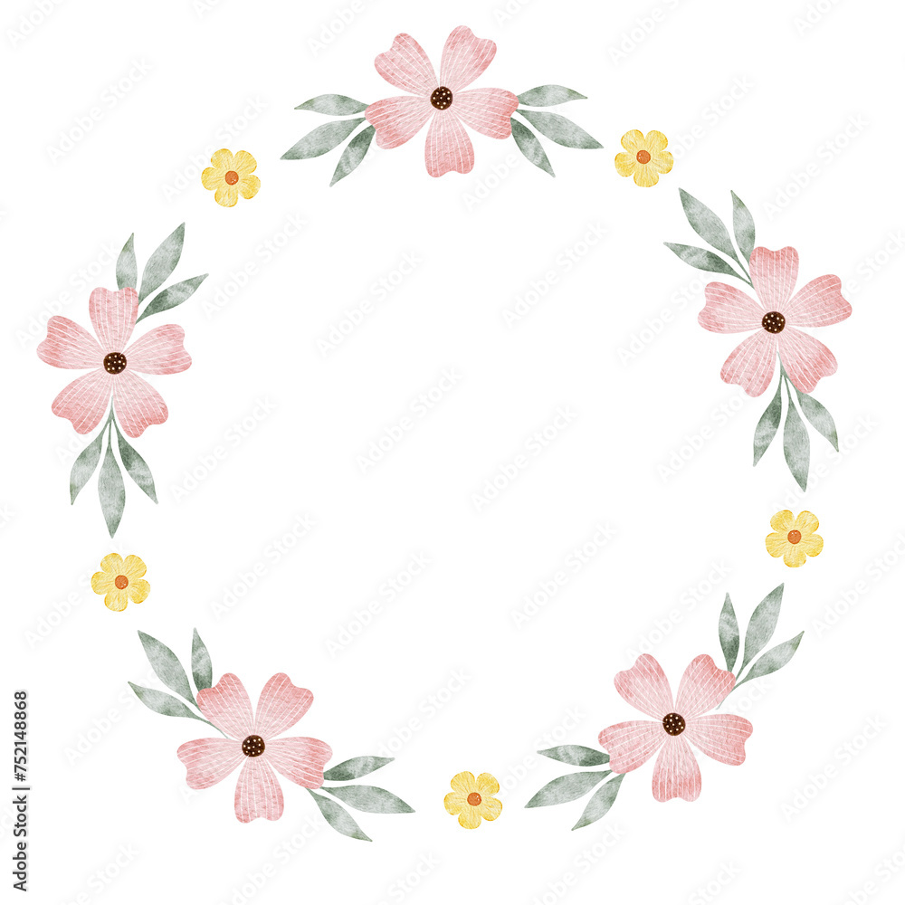 Fototapeta premium Pink and yellow wildflowers. Round wreath of simple flowers. Watercolor isolated illustration. Frame for design of postcards for Easter, birthday, International Women's Day