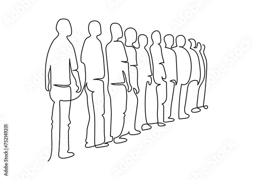 Group of people standing in queue, continuous one line drawing. Crowd of people silhouette waiting in line. Minimalist simple linear style. Vector outline