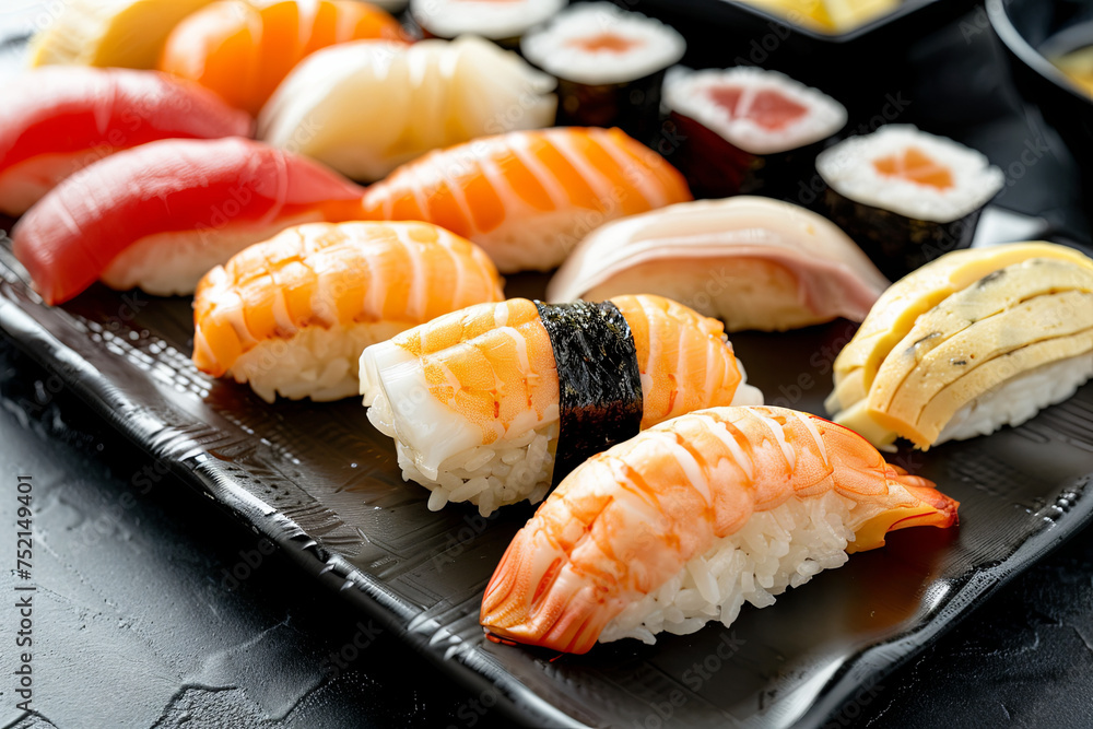Assorted japanese sushi on a black plate Assorted japanese sushi on a black plate