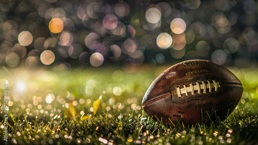 Closeup of an American football ball on the grass of