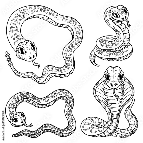 Set of snakes sketch. Hand drawn line art illustration.