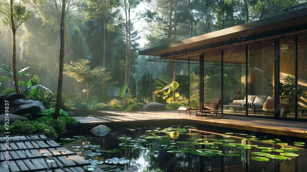 A serene modern house with expansive glass walls opens to a tranquil forest scene with lush greenery and a peaceful pond.