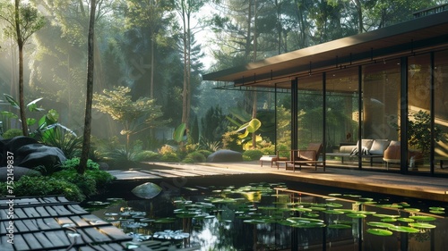 A serene modern house with expansive glass walls opens to a tranquil forest scene with lush greenery and a peaceful pond.