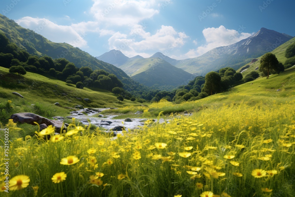 a green hills with yellow flowers and a stream