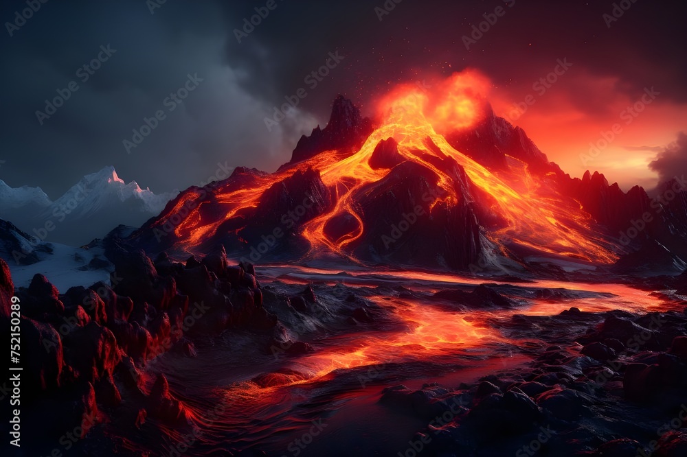 Fire and Ice: A juxtaposition of fiery lava flows against icy glaciers in a stunning natural landscape.

