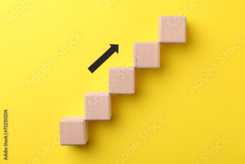 Business process organization and optimization. Scheme with wooden figures and arrow on yellow background, top view