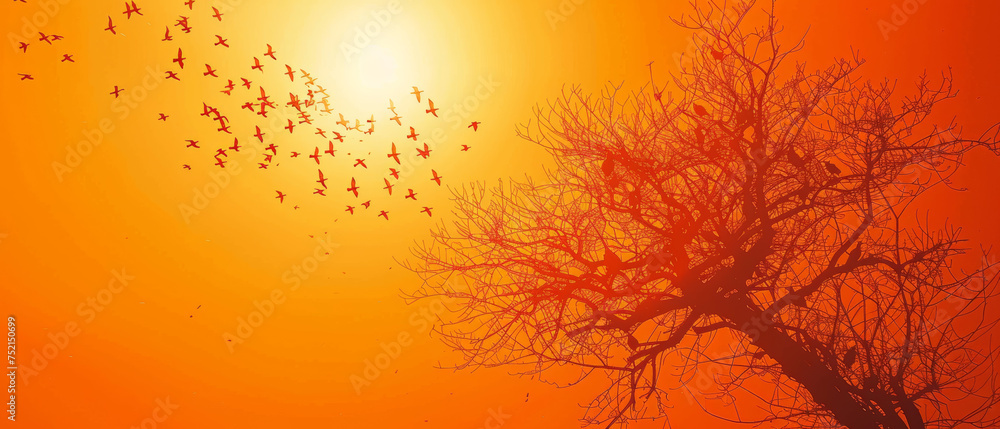 Silhouette birds flying against orange sky Silhouette birds flying against orange sky