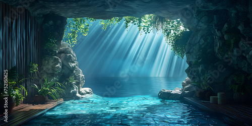 Beautiful waterfall in a tropical area that has sun  A dark cave with a light on it and a tree on the left   