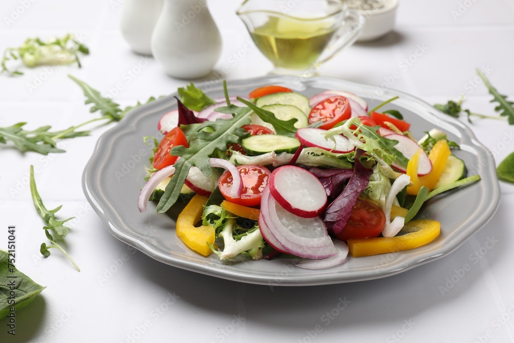 Balanced diet and vegetarian foods. Plate with different delicious products on white table, closeup