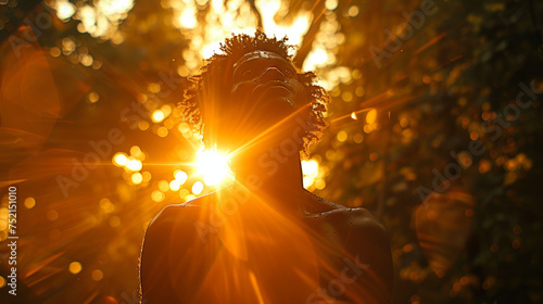 Silhouette of a black man holding the sun photo