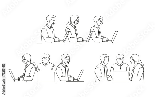 Business meeting of group office people, work on laptop set, continuous one line drawing. Teamwork, learning or business talking, partnership in work. Simple single minimalism outline style. Vector