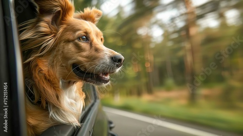 Joyful dog with head out of car window, enjoying high speed ride with motion blurred background. Dog with wind in face. the concept of pet, travel, summer vacation
