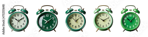 Collection of green alarm clock isolated on a transparent background, PNG