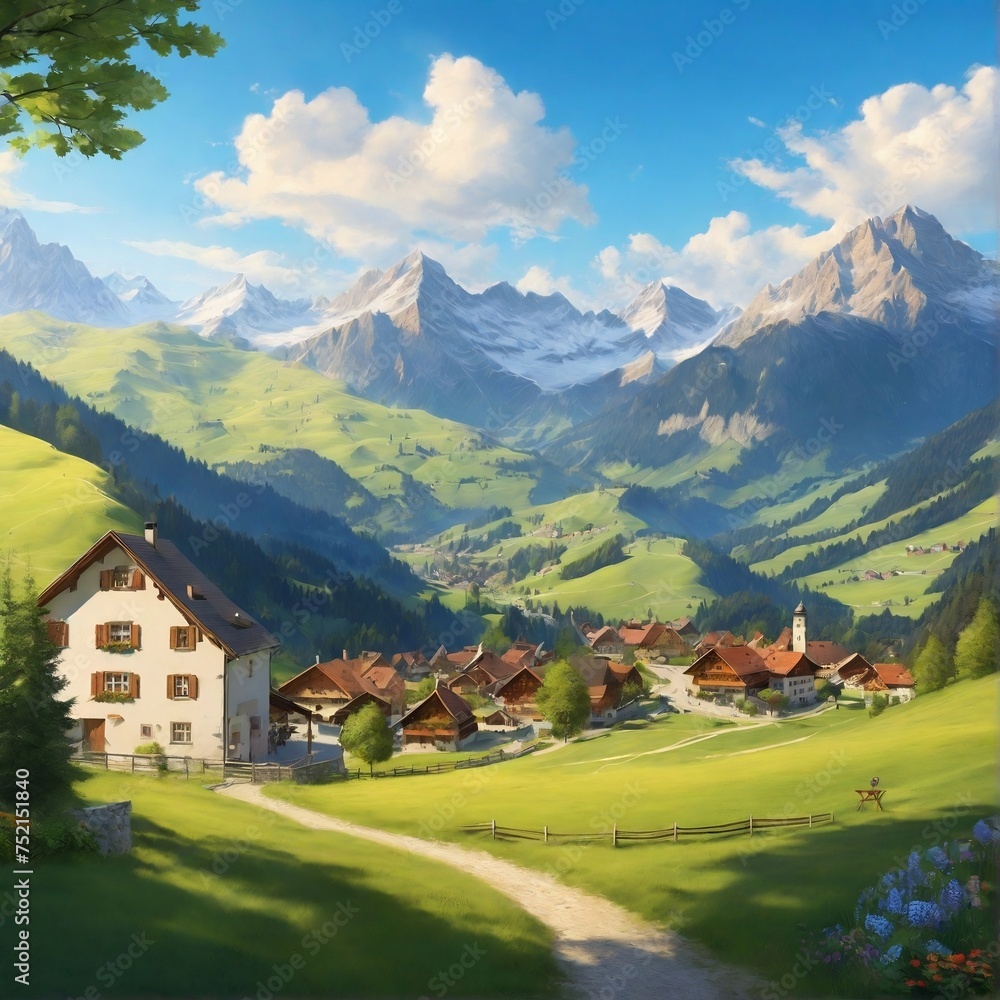 Picturesque German Alps in Bavaria, Europe, captures sunny scene with rolling hills, alpine villages