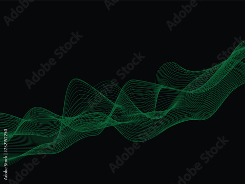 green wavy line with black background. Shiny moving lines design element. Modern green flowing wave lines. Futuristic technology concept. Vector illustration, presentation background