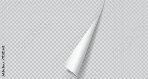Curled corner of paper with shadow realistic vector illustration. Office essentials. Turning notebook page 3d model on transparent background