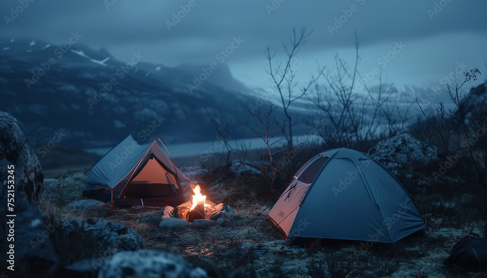 Climbing campsite at dusk with tents and a warming campfire - wide format