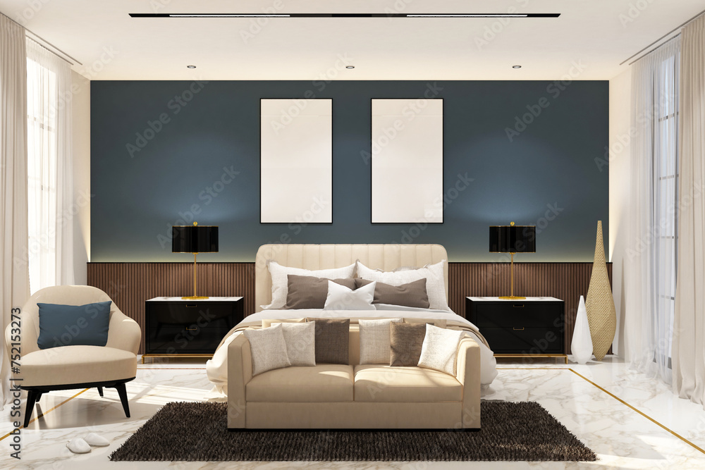 Modern teenager room with sofa & frame mock up on the wall. Design 3d rendering of blue and light woods. Design print for illustration, presentation, mock up, interior, zoom, background. Set 2 Modern teenager room with sofa & frame mock up on the wall. Design 3d rendering of blue and light woods. Design print for illustration, presentation, mock up, interior, zoom, background. Set 2