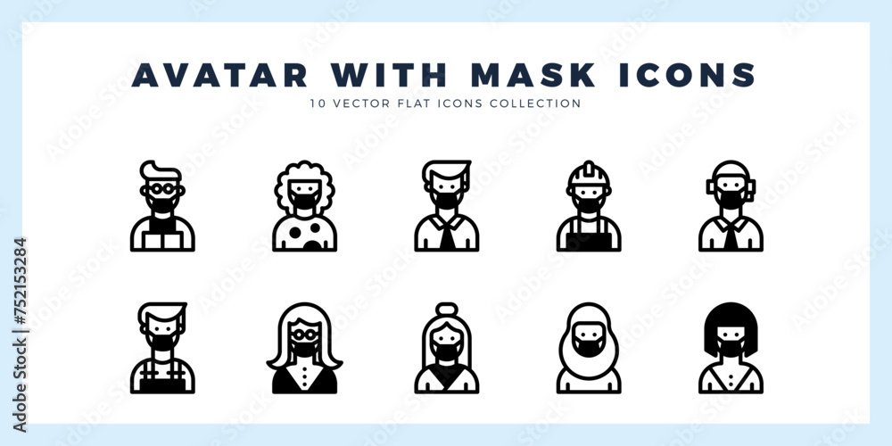 10 Avatars With Medical Masks Lineal Fill icon pack. vector illustration. 10 Avatars With Medical Masks Lineal Fill icon pack. vector illustration.