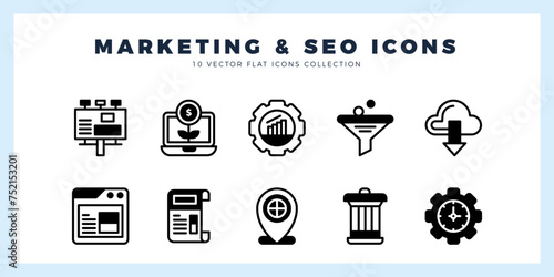 10 Marketing and Seo Lineal Fill icon pack. vector illustration.