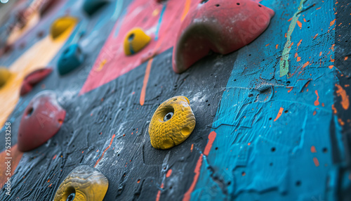 Indoor climbing wall adorned with vibrant holds - demarcating varying degrees of difficulty - inviting climbers to test their skills - wide format photo