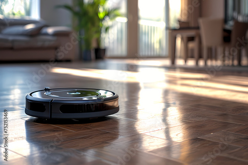 Modern robotic vacuum cleaner on the floor for cleaning pet hair and dust in light living room. Smart cleaning technology