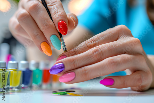 A woman is painting her nails with a brush and a bottle of nail polish. She is using a variety of colors, including blue, green, yellow, and red. Concept of creativity and self-expression