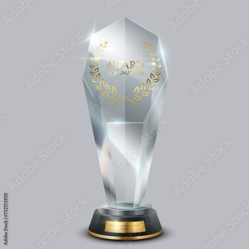 Glass award trophy realistic vector illustration. Reward for best performance. Sparkling crystal prize for winner 3d model on light background