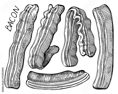 Set bacon slice sketch. Grilled meat. Breakfast food. Hand drawn vector illustration.