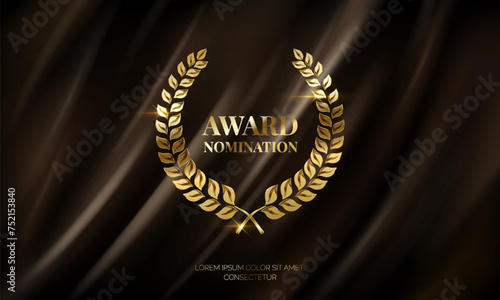 Golden laurel crown with text realistic vector illustration. Winner wreath 3d model on dark curtain background. Award nomination marking
