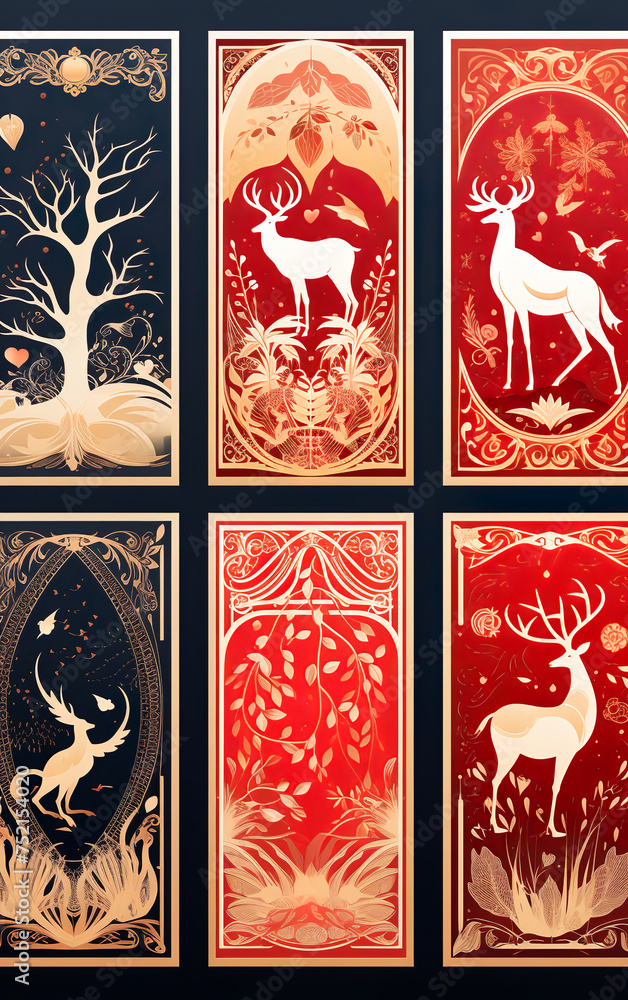 Fototapeta premium Traditional postcards with a Christmas tree, reindeer