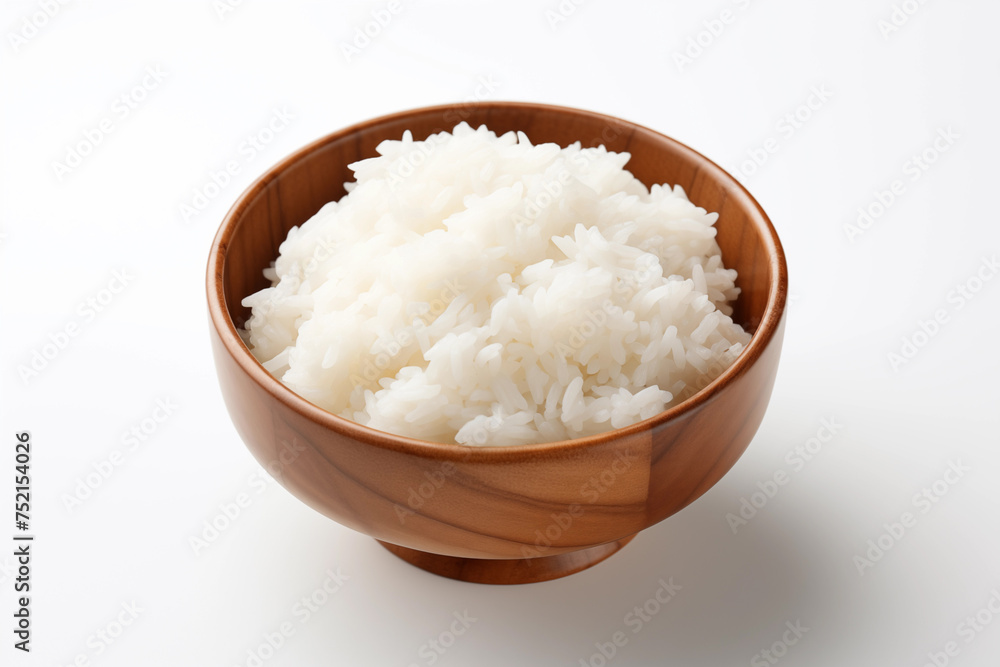 Coarse brown rice in wooden bowl isolated on white background, top view, flat lay. Coarse brown rice in wooden bowl isolated on white background, top view, flat lay.