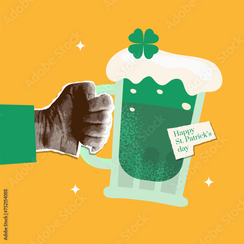Retro halftone paper hand holding green beer for Patrick's day. Vector vintage collage illustration of beer mug for Patricks party.