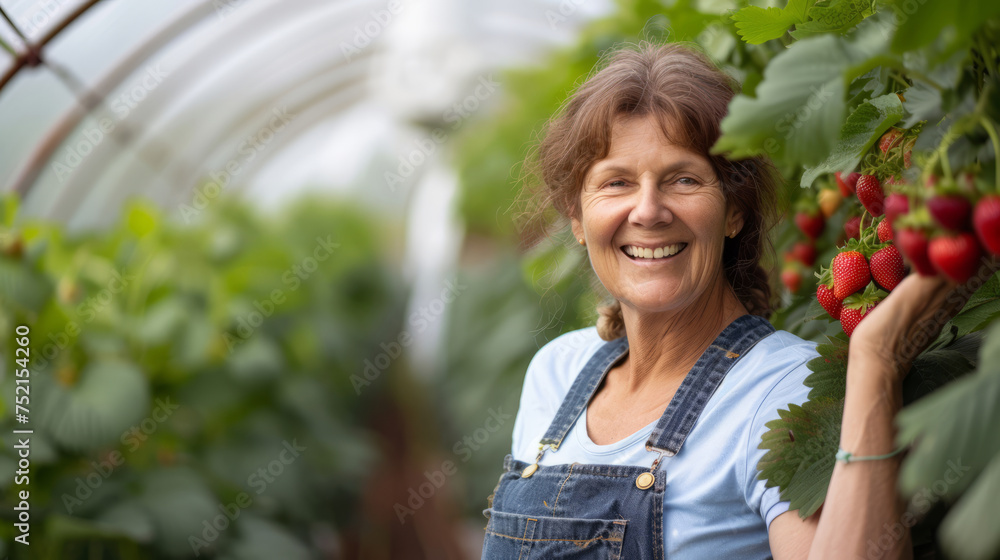 Close up portrait of happy mature middle aged elderly woman gardener in a bright greenhouse holding growing strawberries Close up portrait of happy mature middle aged elderly woman gardener in a bright greenhouse holding growing strawberries