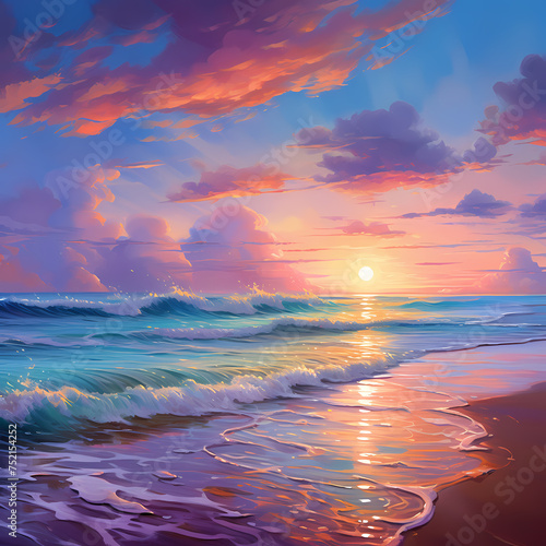 A serene beach sunset with vibrant colors.