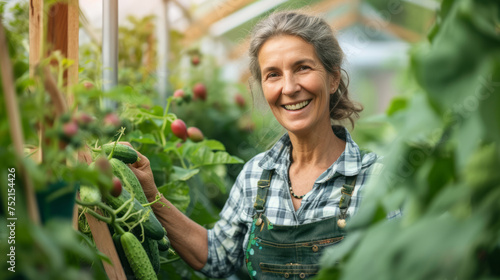 Close up portrait of happy mature middle aged elderly woman gardener in a bright greenhouse holding growing strawberries