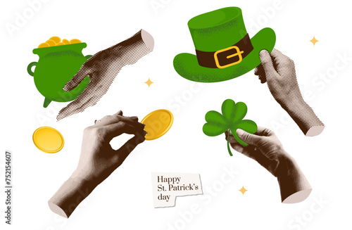 Set of St. Patrick's Day elements in a halftone collage style with hands holding a gold coin, pot of money, shamrock leaf and green hat. Magazine mixed media y2k vector concept for web and flyers