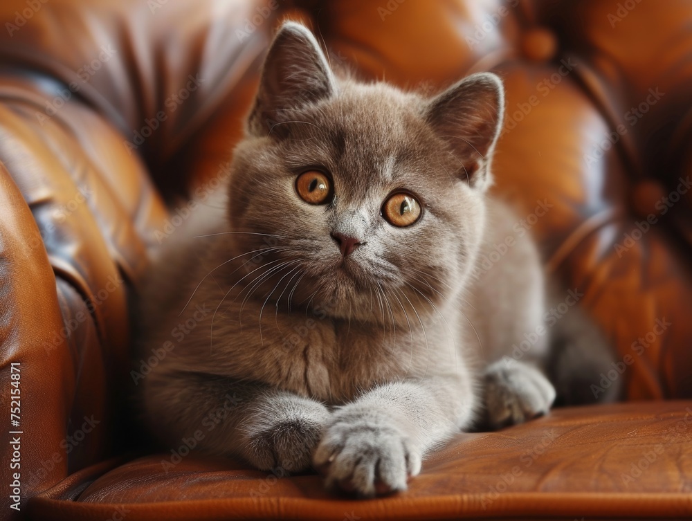 British Shorthair Kitten Resting Leather Sofa