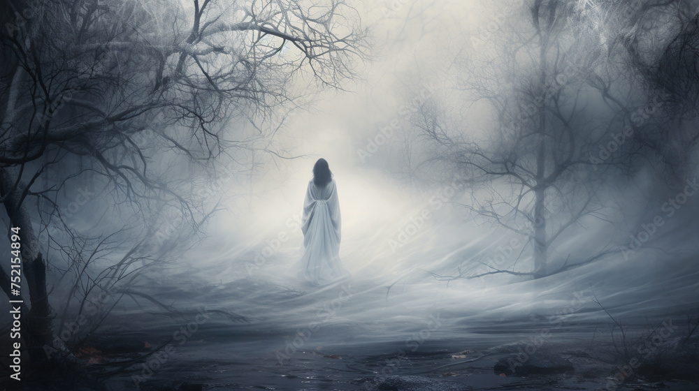 Mysterious figure in foggy forest landscape. A ghostly figure shrouded in a white veil stands amongst twisted trees in a dense, fog-filled forest, evoking an eerie atmosphere. - obrazy, fototapety, plakaty 