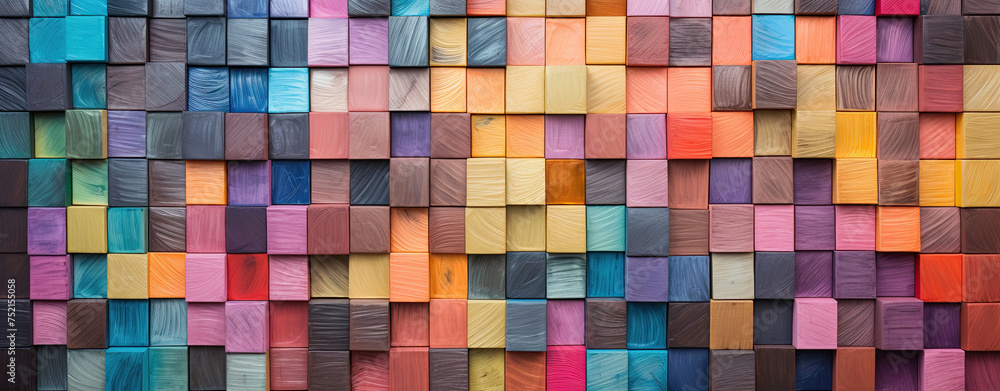 Fototapeta premium Rainbow-colored wooden blocks abstract geometric arrangement on panel. Generated AI.