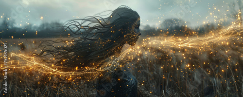 features a woman in the middle of a field of stars